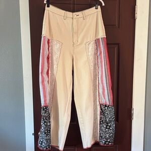 Beige Patchwork Wide-Leg Pants
